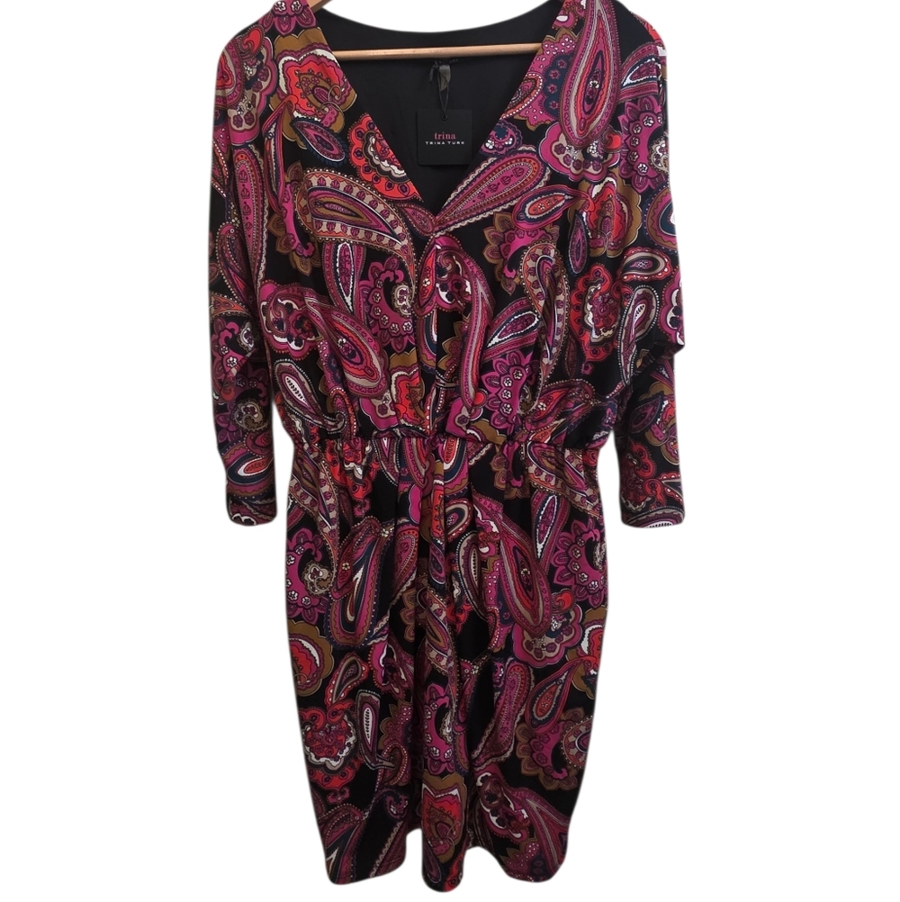 Trina Turk Birch Paisley Print Draped Jersey Knit Mini Boho Dress Size L NWT